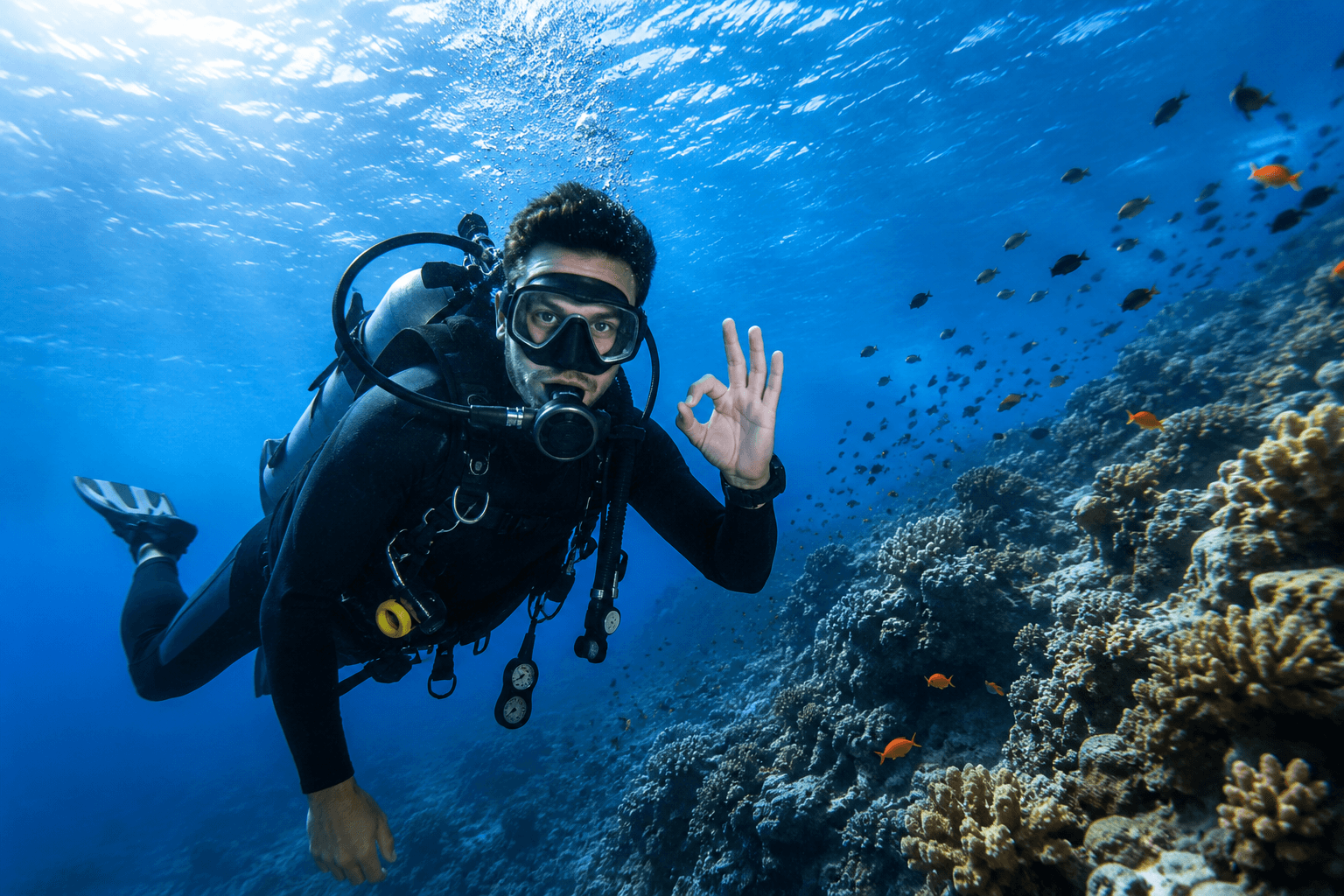 Elite diver swimming in blue ocean